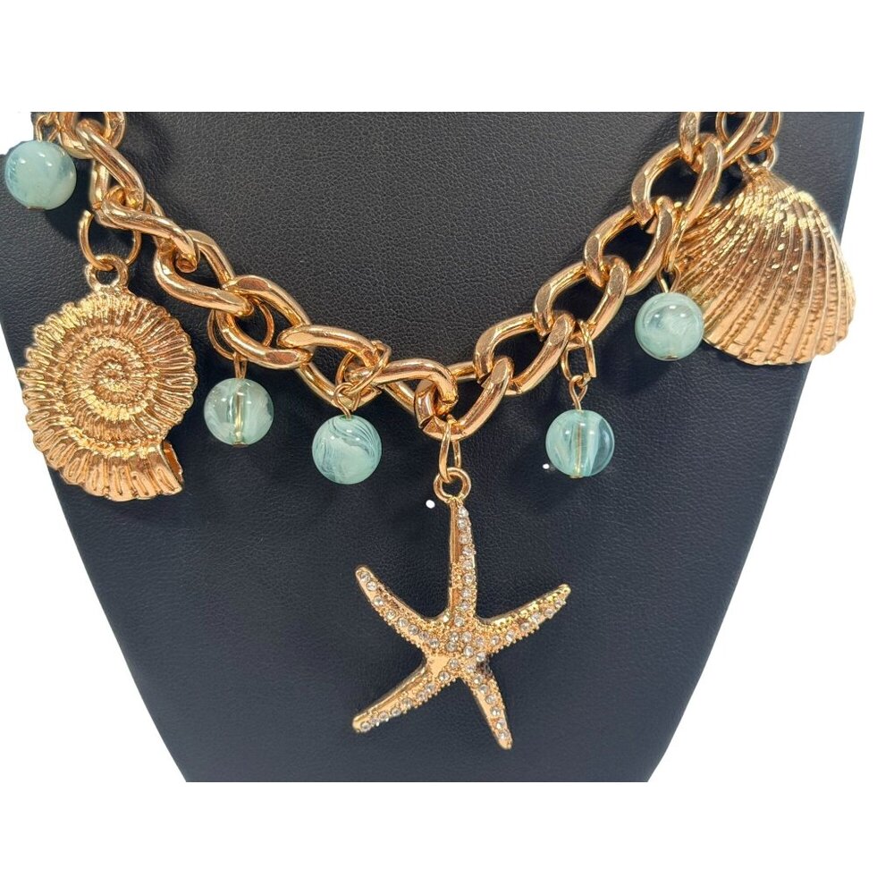 Gold Tone Mermaid Seashell Starfish Chunky Chain Charm Necklace With Aqua Beads - Picture 2 of 6